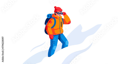 Adventurous Traveler Ascends Snowy Peaks in Colorful Winter Attire for Expedition Success