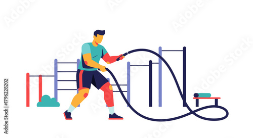 Athlete Engaged In Intense Rope Training Exercise Within A Functional Fitness Zone Setting