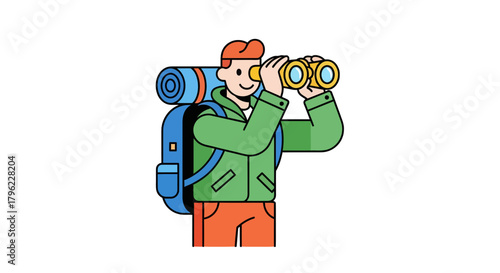 Adventurous Traveler Gazing Through Binoculars With Backpack on Black Background