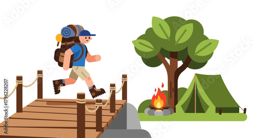 Adventurous Traveler Heading to a Campsite Full of Camping Equipment and Nature