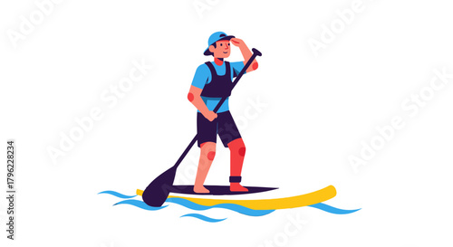 Athlete Paddling On Water Using Paddleboard With Water Waves Against Black Background