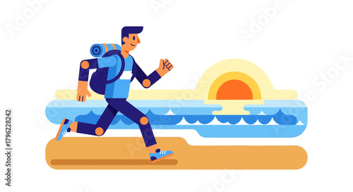 Adventurous Traveler Hiking Towards Sunset Over Oceanic Beach Scenery