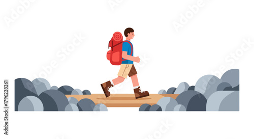 Adventurous Traveler Hiking Through Rocky Terrain With Backpack Underneath The Sky