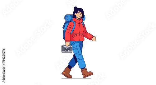 Adventurous Traveler Hiking With Camera Capturing Memories Isolated On Black Background