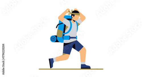 Adventurous Traveler Hiking With Backpack And A Headband, Minimalist Illustration