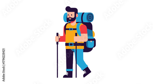 Adventurous Traveler With Backpack And Hiking Poles On Black Background Vector