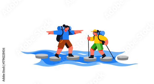 Adventurous Travelers Trekking Across Water Obstacle Illustrative Vector Graphic Design