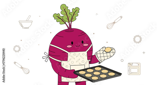 Beetroot Character Baking Cookies Wearing Apron And Protective Mask In The Kitchen