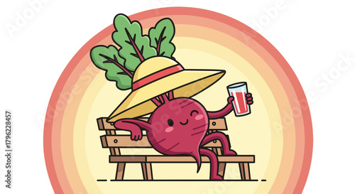 Beetroot Enjoying Sunny Day, Sipping Juice, Relaxing on a Bench with a Hat