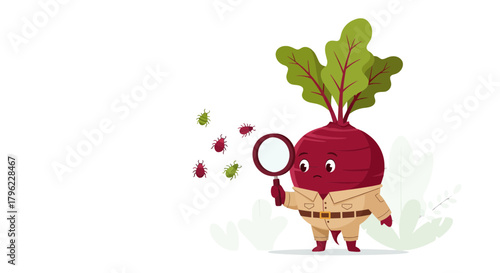 Beetroot Detective Inspecting Tiny Pests Under Magnifying Glass In A Cartoon Illustration