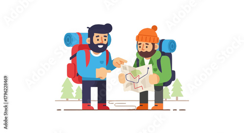 Adventurous Travellers Planning Their Journey With A Map In The Wilderness