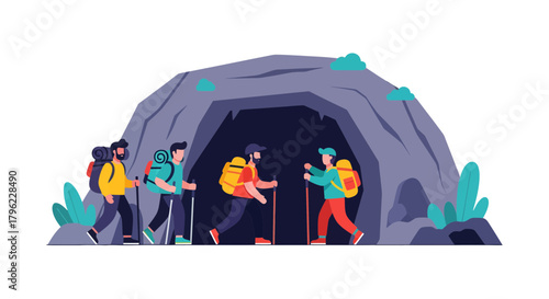 Adventurous Trekkers Exploring Cave, Hiking Outdoors, Embracing Nature's Exploration Journey