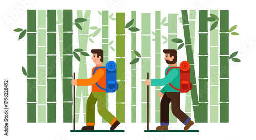 Adventurous Trekkers Exploring Lush Bamboo Forest In Search Of Unforgettable Moments