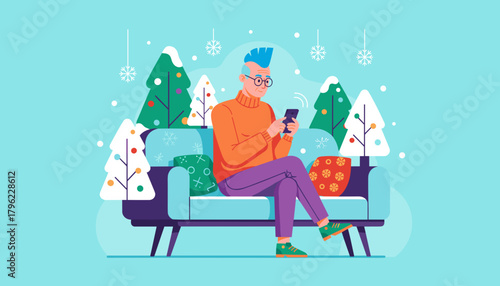 Stylish man uses phone on a couch in a festive snowy winter scene Holiday communication concept