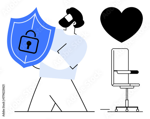 Man safeguarding with security shield featuring lock icon, standing near a workplace chair and heart. Ideal for cybersecurity, protection, workplace safety, self-care, privacy, trust, simple flat
