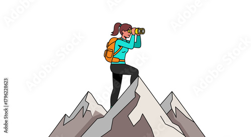 Adventurous Woman Achieves Peak, Observing Through Binoculars, Overlooking The Views