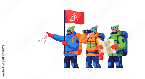 Alerted Group Of Explorers Navigating Through Mountainous Terrain With Caution