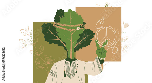 Aesthetic Peace Sign Amidst Nature And Floral Elements In A Bohemian Illustration