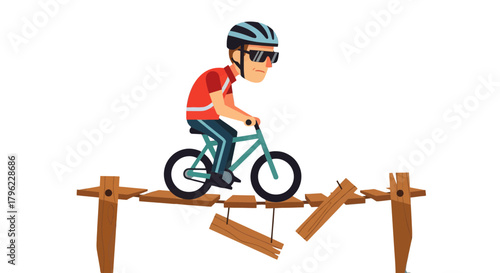 Bicyclist Attempts A Crossing Over A Broken Rope Bridge Cartoon Illustration