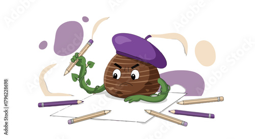 Animated Artist Expressing Creative Frustration, Surrounded by Pencils and Artistic Flourishes