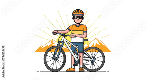Bicyclist Standing Proudly With Bicycle in Front of Mountain and Bursting Sun Illustration