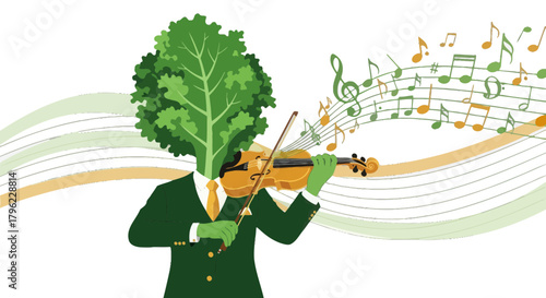 Broccoli Head Playing Violin Depicting Musical Creativity and Delicious Soundscapes