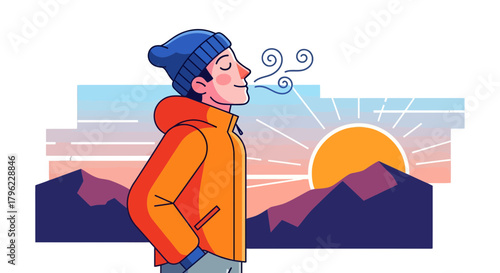 Breathing Fresh Air During Sunrise Over Serene Mountain Range, Relaxing Outdoors