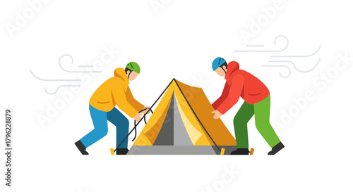 Campers Assembling Tent Against Breeze With Safety Helmets At Wilderness Adventure