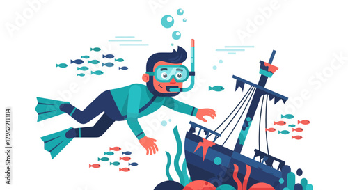 Animated Diver Exploring Sunken Ship near Colorful Fish Swimming with Bubbles