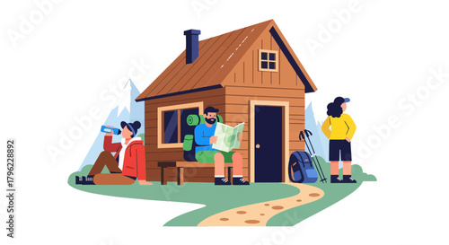 Cabin Retreat: Adventurers Exploring Mapping Refreshments And Gaining Inspiration Outdoors