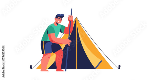 Camping Adventure:  Illustrative Vector Of A Man Erecting A Tent On Black Background