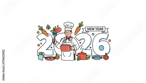 Happy New Year 2026 concept Chef cooking a celebratory meal with fresh ingredients