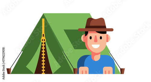 Camping Adventure: An Animated Illustration of a Happy Camper and His Tent