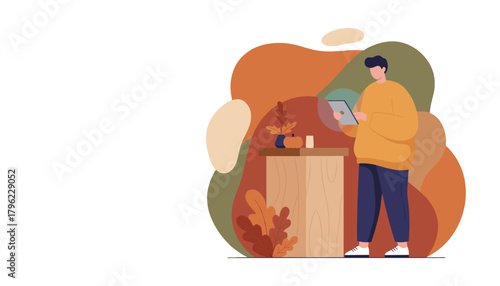 Man uses tablet device in cozy autumn environment Flat vector illustration of seasonal productivity