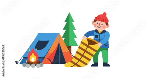 Camping Adventure: Boy Prepares Sleeping Bag Near Campfire, Tent, and Forest