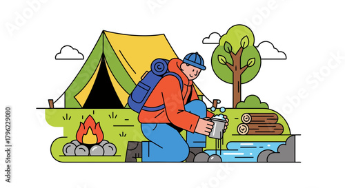 Camping Adventure: Camper Washing Dishes Near The Camp in Illustration