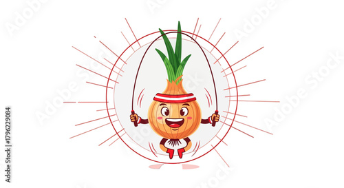 Animated Onion Character Jumping Rope in a Fun and Energetic Cartoon Illustration