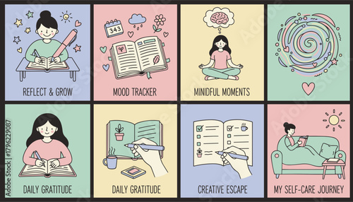 Cute selfcare illustration set journaling mindfulness and mood tracking for mental wellness