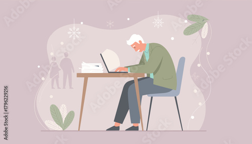 Senior man works late on laptop battling winter deadlines and paperwork overload