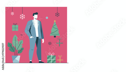 Flat design illustration of a stylish man in a suit during the festive winter season