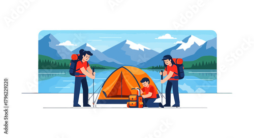 Camping Adventure: Family Sets Up Tent in a Majestic Mountain Scenery