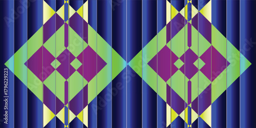 Symmetrical abstract art with two green and purple diamonds on a blue striped background.