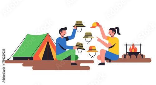 Camping Adventure: Friends Choosing Hats Near Tent and Campfire for Outdoor Activities