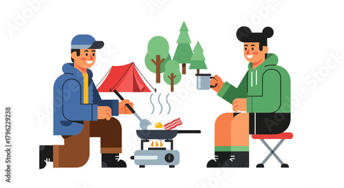 Camping Adventure: Friends Enjoying Breakfast During a Morning Forest Expedition