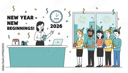 Corporate team celebrates New Year 2026 beginnings Office party gifts diverse colleagues illustration