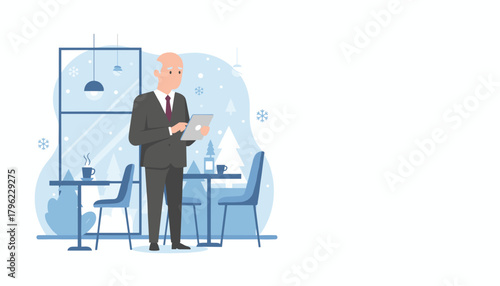 Senior businessman using tablet inside a modern cafe with snowy window view Modern retirement and work