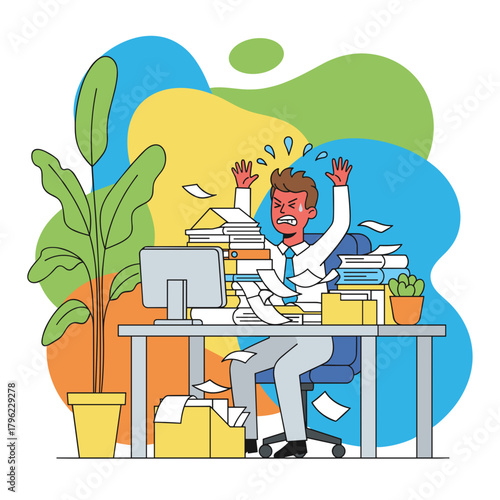 Stressed office worker drowning in stacks of paperwork frustrated by workload and deadlines