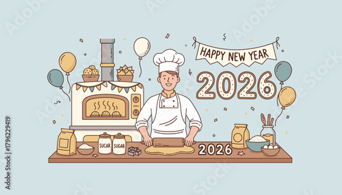 Professional chef baking festive treats for Happy New Year 2026 celebration Line art vector illustration