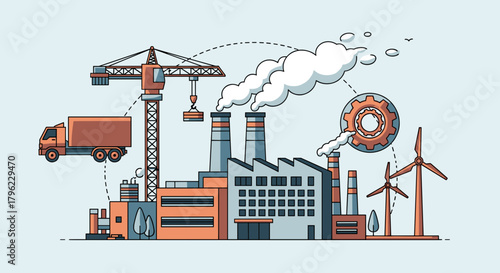 Manufacturing ecosystem illustration factory crane logistics truck and renewable energy turbines