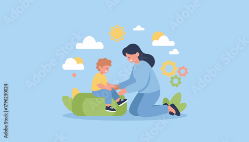 Happy mother and child learning together outdoors gears symbolize education and growth
